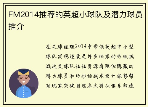 FM2014推荐的英超小球队及潜力球员推介
